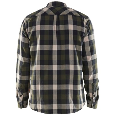 Blåkläder Workwear flannel skjorte i olivengrøn/sort, størrelse L, vist bagfra med langærmet design og ternet mønster.