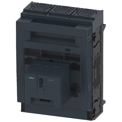 Siemens SENTRON 3NP1 sikringsafbryder, 3-polet, NH2, 400 A, med omskifter og testfunktion vist i grå plast på en hvid baggrund.