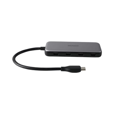 Deltaco USB-C hub i grå med fire USB-C porte, 5 Gbps og integreret kabel med stik, vist fra forsiden.