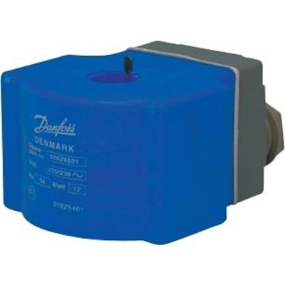 Danfoss ventilspole 380-400V, IP67, med blå indkapsling og mærkat med Danfoss logo.