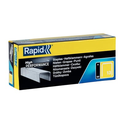 Pakke med Rapid 13/8 High Performance hæfteklammer i elforzinket tråd, 5000 stk. Gul og blå emballage.