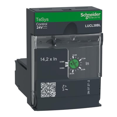 Schneider Electric TeSys U kortslutudløser LUCL38BL med 38A strøm og 24V DC spænding, viser justerbar indstilling fra 9.50A til 29.0A.