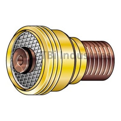 Detaljeret billede af Abicor Binzel gaslinse med indgraveret logo, ø2,4mm, messing og kobber.