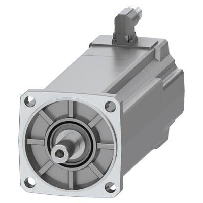 Siemens Simotics S-1FK2 HD servo motor med en cylindrisk aksel og monteringsflange, vist fra fronten med en grå metalfinish.