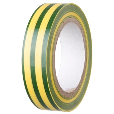 Stokvis isolerbånd i grøn/gul vinyl, 15 mm bredt og 10 meter langt, vist som en rulle set skråt forfra.