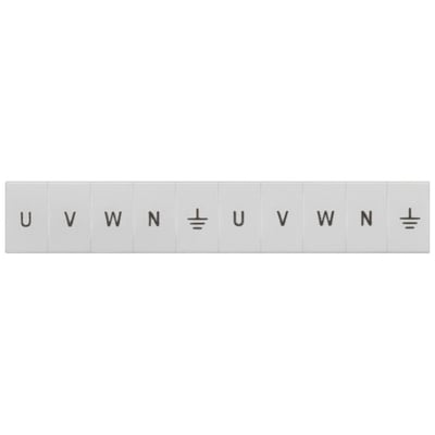 Siemens mærkeplade front med U, V, W, N og jord symbol lodret, hvid, 6,2mm klemmestørrelse.