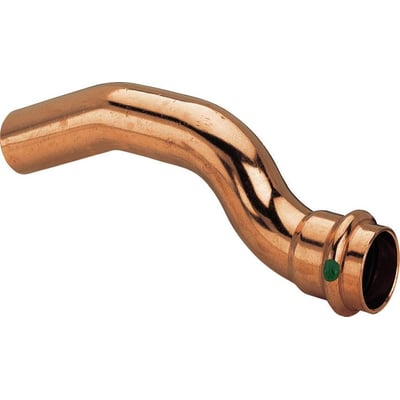 Detaljeret billede af Viega Profipress overbøjningens kobberfinish og presfitting til 15 mm rør.