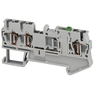 Schneider Electric skilleklemme med fjeder til 2,5mm2 ledere i grå plast, vist med interne kobberkontakter og grøn udløserknap.