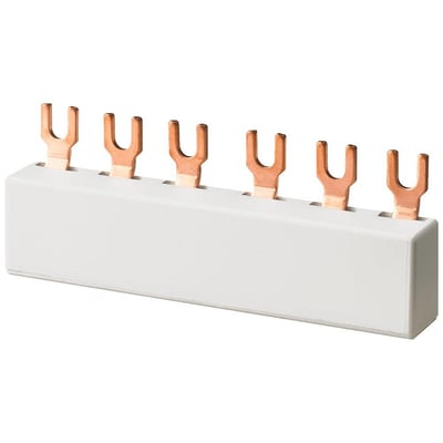 Siemens 5ST samleskinne med 63A og 3-polet design, der viser fem kobbergafler i en hvid plastkappe.