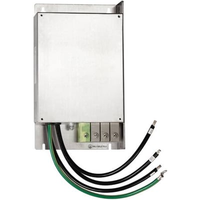 Schneider Electric 49A EMC-filter til 3-fasede frekvensomformere, vist med tilslutningsklemmer og kabler.