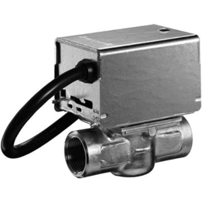 Honeywell Home 3/4" to-vejs zoneventil i messing med integreret motor og 1m kabel, vist på hvid baggrund.