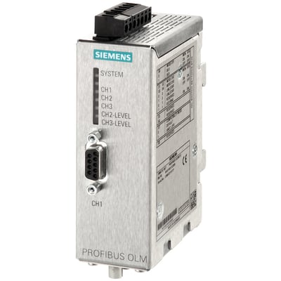Siemens Simatic NET PB OLM/G12-EEC V4 optisk link modul med 9-polet D-sub stik og Profibus OLM mærkning.