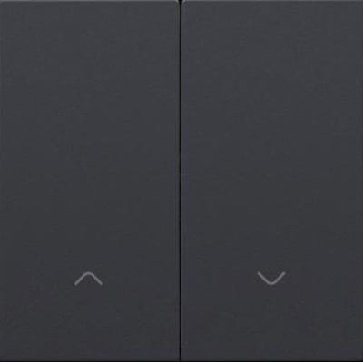 Niko smart motorbetjening tangent i antracit, med op- og ned-ikoner diskret indgraveret, monteret side om side på en ren hvid baggrund.