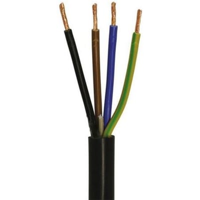 Sort rund H05VV-F ledning 4G1,5 mm² med afskårne ender, der viser brune, blå, grøn/gule og sorte ledere.