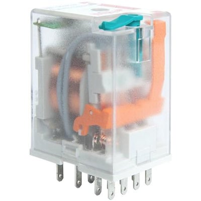 Relpol 4C/O-relæ på 6 A og 24 VDC uden LED med gennemsigtigt hus, orange indmad og metalben.
