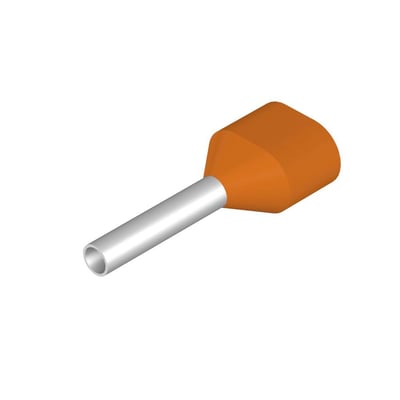 Enkelt Weidmüller terminalrør med orange plastkrave og metalhylster, designet til 2 x 0,5mm² ledere.