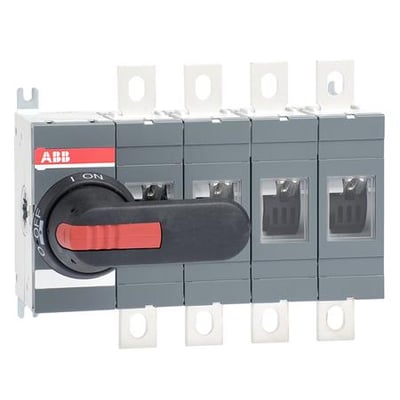 ABB frontbetjent lastafbryder 4-polet til 400A, model OT 315-400A, vist med sort ON-OFF greb og bundmontering.