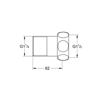 Teknisk tegning af Grohe afgangsforskruning med dimensioner G1 1/4", G1 1/2" og længde 62mm.