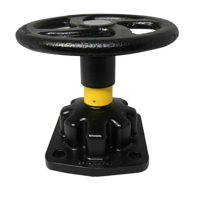 Saunders overdel type A, DN32 / 11/4" i sort støbejern med gult plast håndtag og sort ventilhjul.