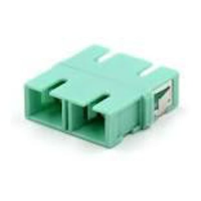 Fiberoptisk adapter i akvagrøn farve, model OM3 SC/PC Simplex, uden flange, til multimode fiberkabler.