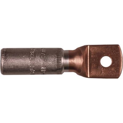 Elpress Al/Cu-kabelsko AKK70-12 med 70/95mm² størrelse og M12 bolt viser aluminiumskroppens prægning og kobberlaskens form.