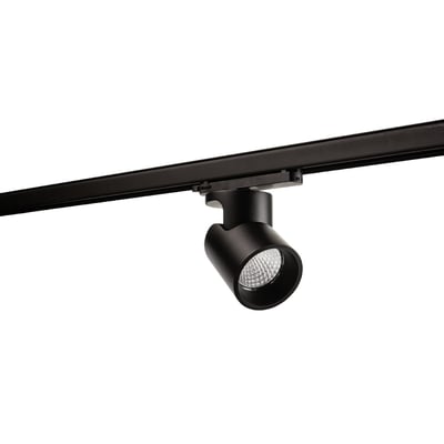 Aneto 3-faset spotlight i sort med DALI-adapter monteret på en sort skinne, med hvid baggrund.