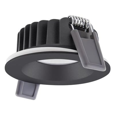 Nærbillede af Ledvance Spot Air Fix PS DIM indbygningsspot i sort aluminium med integrerede fjederophæng til nem montering.