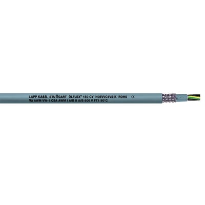 Gråt Lapp ÖLFLEX 150 CY 5G2,5 kabel med mærketekst og skærmet kerne, vist på hvid baggrund.