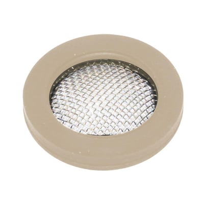 Smudsfilter i TPE-gummi med en 3/4" gevindstørrelse og et fintmasket metalfilter i beige. Dette drikkevandgodkendte filter beskytter installationer mod snavs.