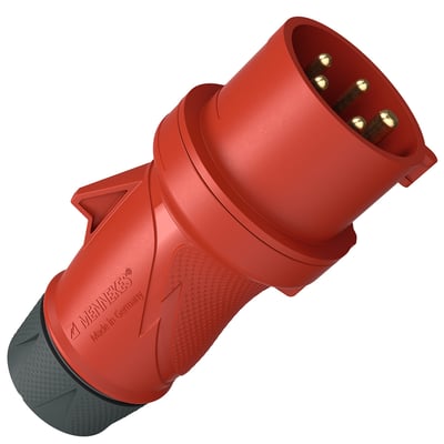 Rød Mennekes PowerTOP Xtra S CEE-stikprop med fem ben og mørk kabelindføring, set skråt forfra.