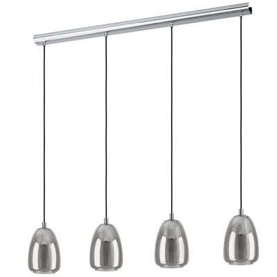 Elegant krom langbordspendel med fire røgfarvede glasskærme, der hænger fra en metalstang. L1080 mm.