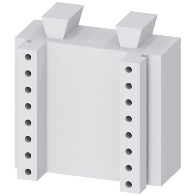 Siemens 8US2-udvidelsesmodul til 3-polede adaptere ses skråt forfra med rækker af monteringshuller.