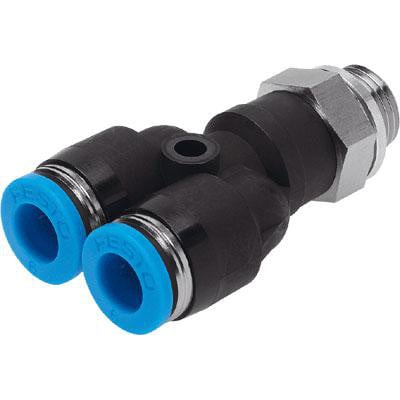 Festo Y-forskruning QSY-G3/8-10 med to blå push-in indgange og et metalgevind monteringsstykke.