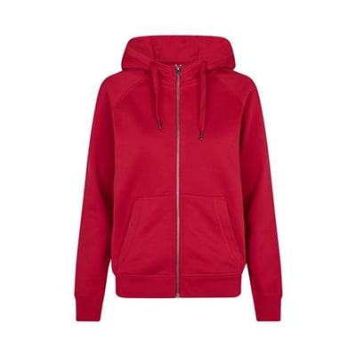 ID Identity rød hættecardigan til damer i størrelse 2XL med kængurulomme og gennemgående lynlås.