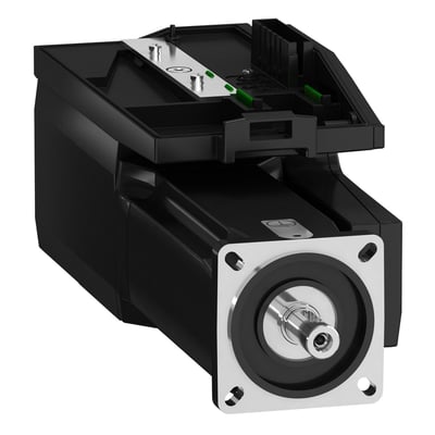 Schneider Electric servo-integreret motor 70mm med 640W og 230V, vist med aksel og monteringsflange foran.