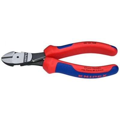 Set fra siden: Knipex 180mm kraft-bidetang med blå og røde håndtag, viser fjeder og præcisionsskær.