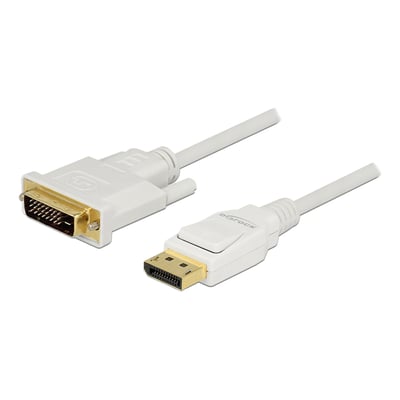 Hvidt DeLock DisplayPort 1.2 til DVI 24+1-kabel på 2 meter med begge hanstik synlige.