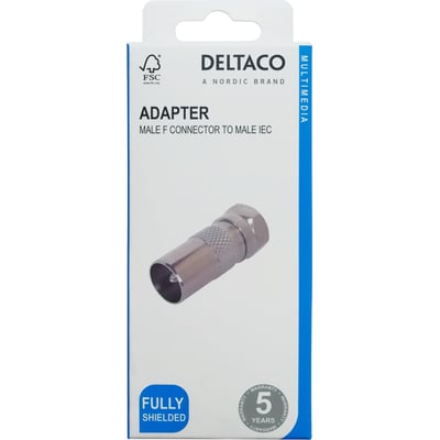 Deltaco koaksialadapter med F-han og IEC-han ses afbildet på emballagens forside.