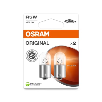 Osram Original R5W halogenpærer i 12V 5W med BA15S sokkel til bilbrug, pakke med 2 stk.