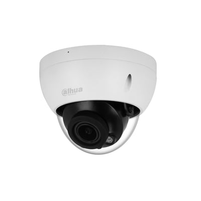 Dahua 5 MP domekamera med motoriseret 2,7-13,5 mm-objektiv, hvidt kabinet og sort linse set forfra.