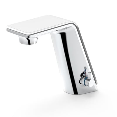 Oras Alessi Sense elektronisk håndvaskarmatur i krom og hvid med trykfølsom top og sidegreb.