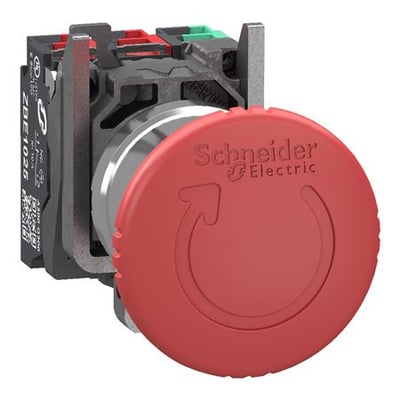 Schneider Electric nødstop med rød tryk/drej padde og tryk-in fjederklemmer. Inkluderer 1xNO+2xNC kontaktelementer og er fremstillet i metal for robusthed.