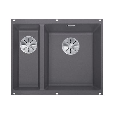 Blanco SUBLINE340/160-U køkkenvask i klippegrå komposit med to kummer og integrerede afløb.