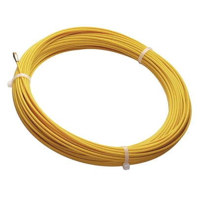 Cimco søgefjeder af glasfiber i gul, Ø3,0 mm og 30 m lang, bundtet med hvid tape på hvid baggrund.