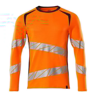 Mascot T-shirt langærmet i Hi-Vis orange med mørk marine detaljer og reflekser. T-shirten har moderne pasform og en bred, skrå refleks over brystet og hofterne.