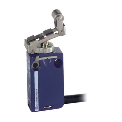 Schneider Electric XCMD2124L1 miniature-endestop i metal med blå kontaktkrop, metalrullearm og tilsluttet kabel.