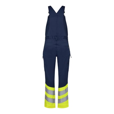 Engel overall model 3546-314 i blå og gul, str. 92, set bagfra med reflekterende detaljer ved buksebenene.