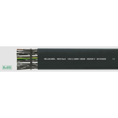HELUKABEL NEO-flad 7G2,5 afmålt fladkabel med nummererede ledere og jordleder, vist med RoHS-mærke.
