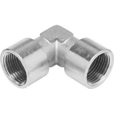 Festo banjovinkel NPFC-L-2G38-F i messing og forniklet, med indvendige gevind i begge ender på hvid baggrund.