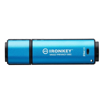 Kingston IronKey Vault Privacy 50C 256GB USB-C hukommelsesenhed i skinnende blå med sort hætte.
